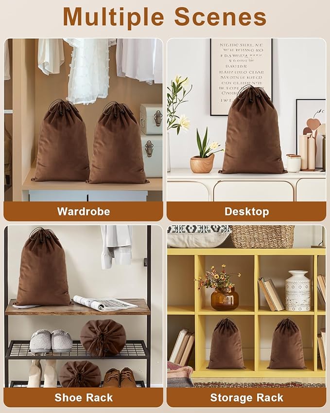 FantasyLife Shoe Bags for Travel, Washable Dust Bags for Storage & Packing, Flannel Shoe Pouch with Drawstring Closure for Purses, Handbags, Shoes & Toys (4, Mocha Mousse, 17.3"x12.6")