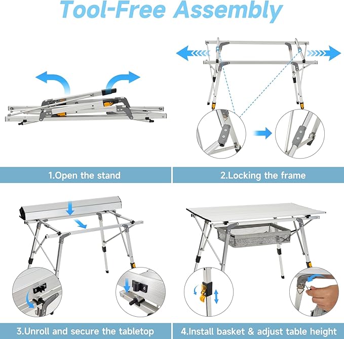 Camping Table Portable Foldable with Adjustable Legs, Aluminum Roll Up Table with Large Mesh Storage Layer & Carrying Bag, Lightweight Outdoor Picnic Table for Camping, Beach, BBQ, Backyard
