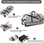 Rolling Duffle Bag with Wheels,110L/140L Expandable Soft-Sided Foldable Duffle Bag with 2 Rubber Wheels,Packable 32” Rolling Carry-On with Multi-Pockets & Compartments (Grey)
