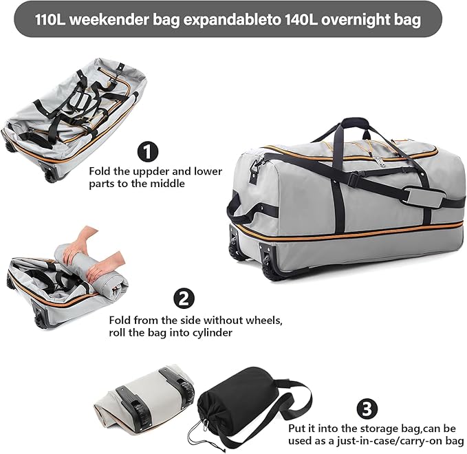 Rolling Duffle Bag with Wheels,110L/140L Expandable Soft-Sided Foldable Duffle Bag with 2 Rubber Wheels,Packable 32” Rolling Carry-On with Multi-Pockets & Compartments (Grey)