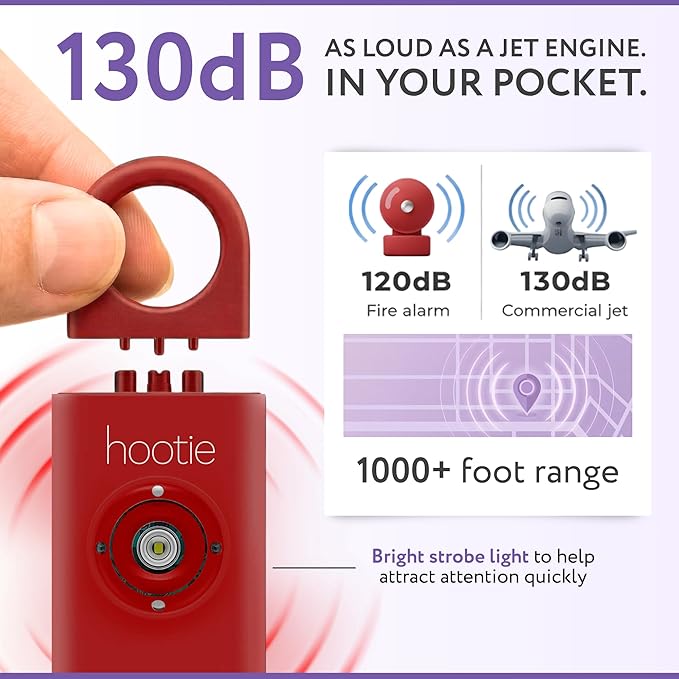 HOOTIE Personal Safety Alarm Keychain, 130dB Personal Alarm for Women Men and Kids, Pull Pin Emergency Panic Alarm with Strobe Light, Portable Self Defence Alarm for Campus Travel and Running - Red