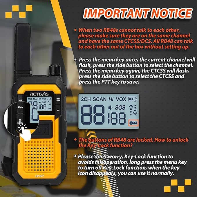 Retevis RB48 Walkie Talkies with Earpiece, Mil-Standards 810H, Waterproof Heavy Duty Two Way Radios, Vibration Call, 2000mAh, NOAA, 2 Way Radio Long Range(2 Pack)