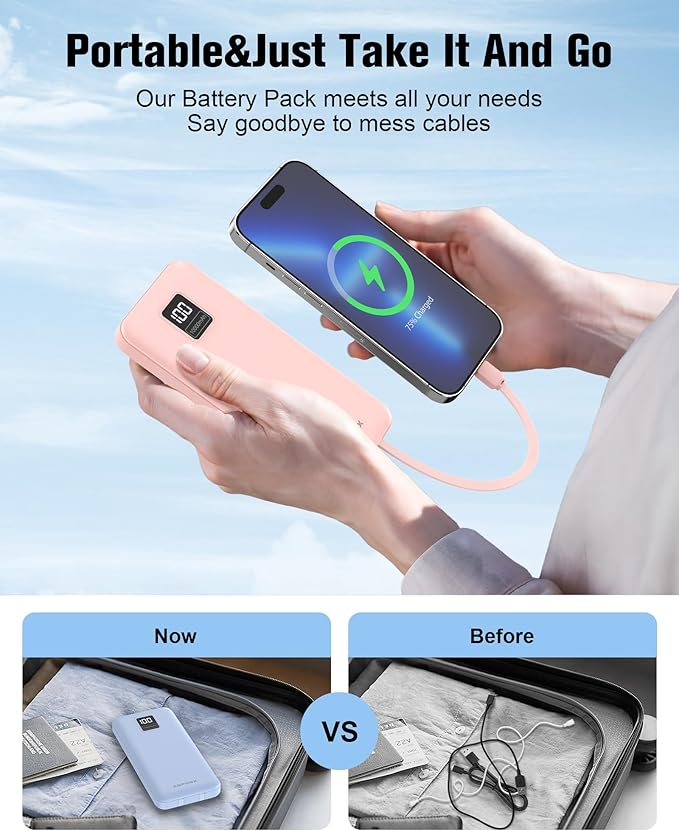 AsperX 2-Pack 10000mAh Portable Charger with Built-in Cables, USB C Travel Essential Battery Pack with 4 Outputs 2 Inputs,LED Display Power Bank with Cord Wires for iPhone Samsung Google Pixel iPad
