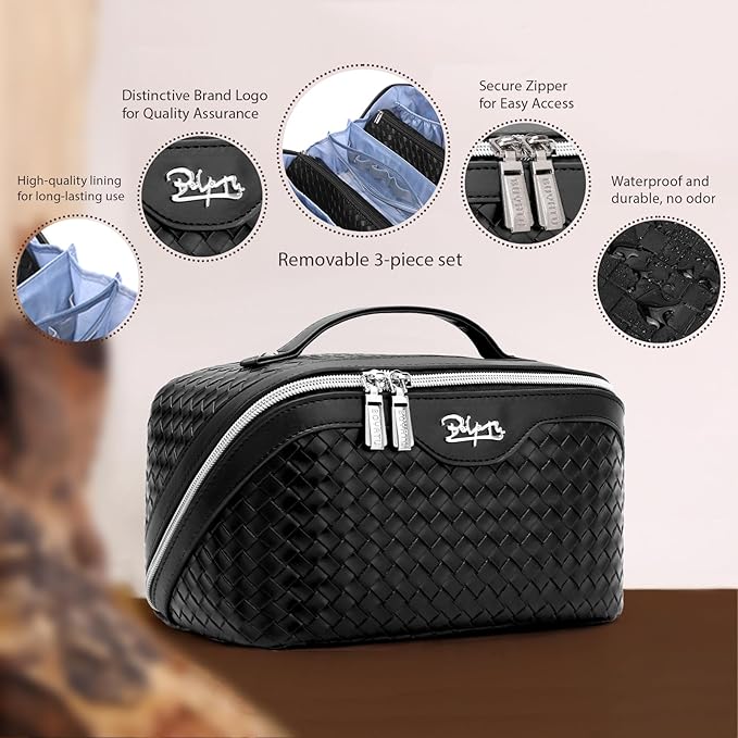 BOYATU Travel Makeup Bag Cosmetic Bags for Women: Large Capacity 3 Pcs Set Make up Bag with Compartments - Waterproof Vegan Leather Toiletry Organizer Bags with Handle (L03 Black)