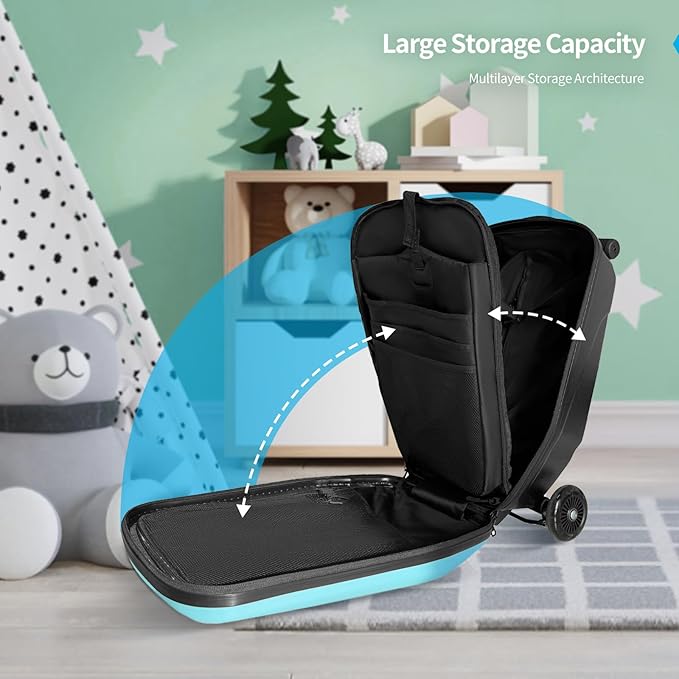 TABU 21" 3-D Hardshell Scooter Suitcase for Kid & Adult, Foldable Carry-on Scooter Luggage for Age 4-15, Multifunctional Ride On Lightweight Luggage with Telescopic Handle, Light Blue