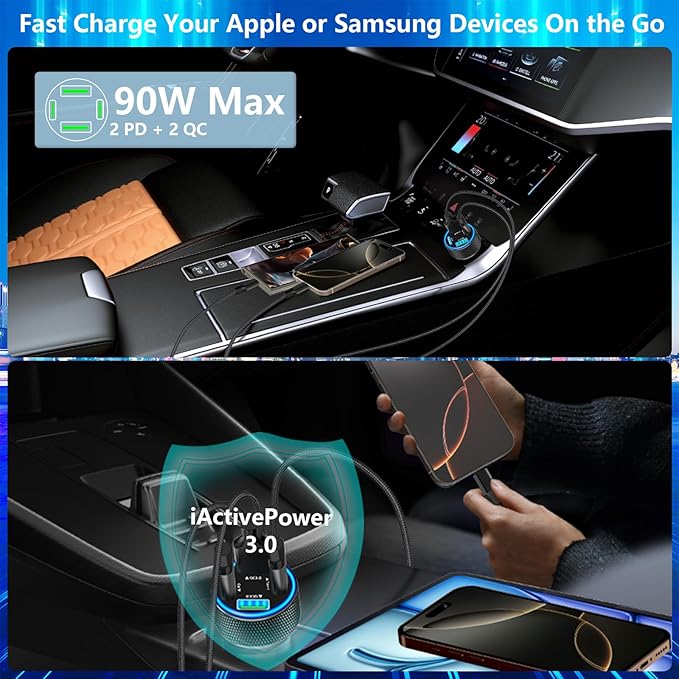 [Apple MFi Certified] iPhone 17 Car Charger, KYOHAYA 90W 4-Port Dual USB-C&USB-A Power Cigarette Lighter PD/QC3.0 UBS-C Car Charger with Type-C Braided Cord for iPhone 17/17 Pro/16 Pro/15/Galaxy/Pixel