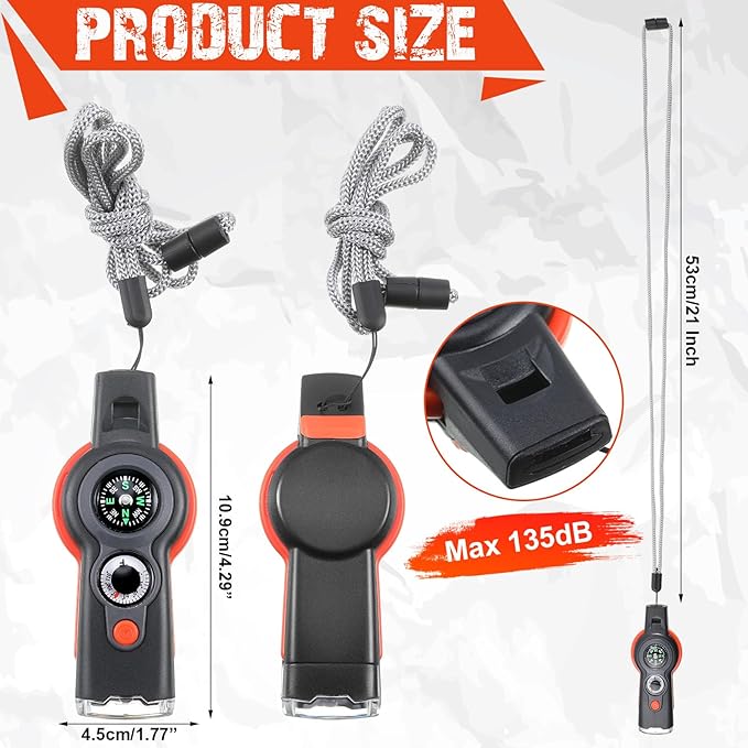 Arrowbash 12 Pack Emergency Survival Whistle 7-in-1 Compass Hiking Survival Safety Whistle with Lanyard Outdoor Multifunctional Tool Ideal for Hiking Camping Rescue Signaling