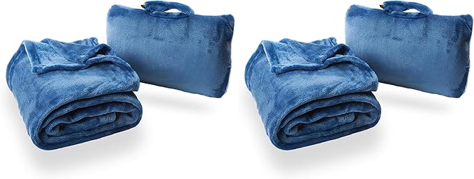 Cabeau Fold ‘N Go Travel Blanket Doubles as Neck Support Pillow, Versatile Lumbar Support Cushion, with Compact Travel Case - French Microfiber (Blue) (Pack of 2)