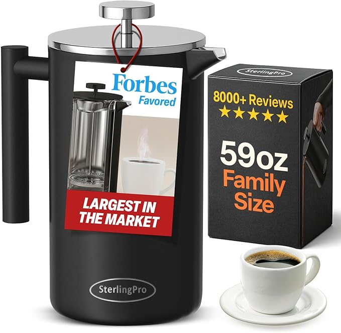 SterlingPro Stainless Steel French Press Coffee Maker 1.75 L (59 oz) Black – Double Walled Insulated Extra Large French Press, Durable Design Keeps Drinks Hot, Easy to Use and Clean for Rich Flavor