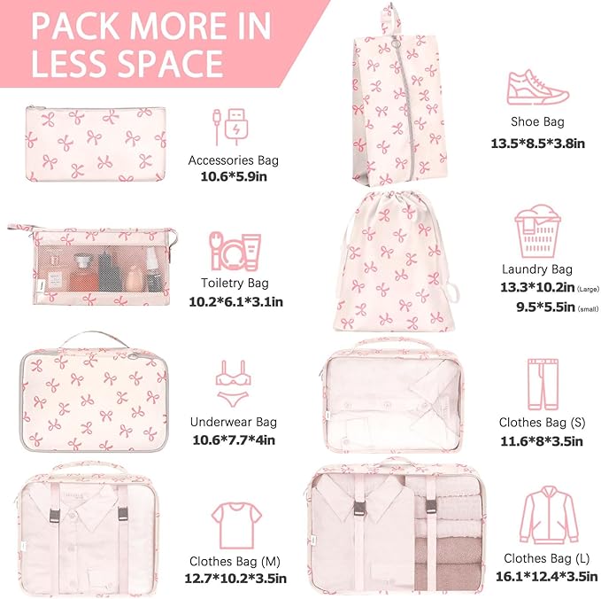 KPX 8 Set Packing Cubes for Travel, Luggage Packing Organizers Accessories Large Toiletries Bag for Clothes Shoes Cosmetics (8Set-Pink Bow)