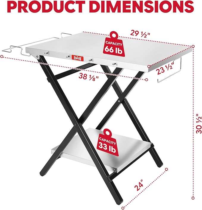 Feasto Outdoor Grill Table, Foldable Pizza Oven Stand & Griddle Stand with Garage Rack & Tissue Holder, Folding Outdoor Prep Table for Gathering and Party, 30" x 24", Stainless Steel