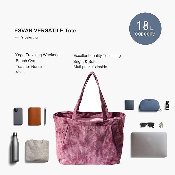 ESVAN Corduroy Yoga Tote Bag Gifts for Women Drawstring Yoga Mat Bag for Office Workout Travel Carryall Pilates Gym