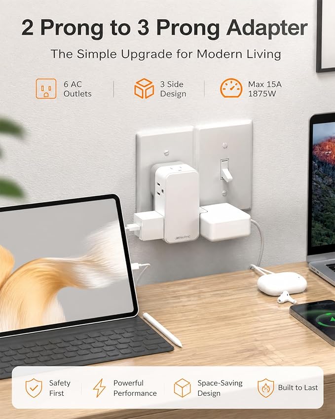 2 Prong to 3 Prong Power Strip,WRXDMC 2 Prong Outlet Adapter with 360° Rotating Plug, Widely Spaced Outlet Extender with 6 AC Outlets, Multi Plug Outlet Splitter, Polarized Plug, Ideal for Old House