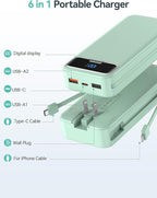 20000mAh Lightweight-Portable-Charger-Power-Bank with Built-in Cables and AC Wall Plug, PD20W USB-C Fast Charging Battery Pack, LED Display External Travel Phone Charger for All iPhone,Samsung,Android