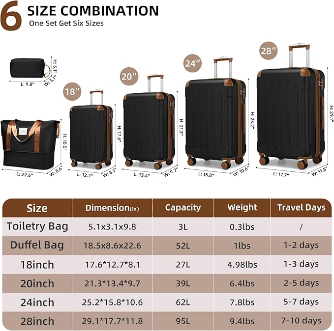 6 Piece Luggage Sets with Bags, Lightweight Expandable Checked Luggage Sets, Hardshell ABS Spinner Wheels Carry on Suitcase with TSA Lock, for Travel, Women Men (Black Brown, 18/20/24/28inch+2bags)