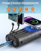 YELOMIN Solar Charger Power Bank 59800mAh, Outdoor Waterproof Battery Pack, 3 Built in Cables & Hand Crank, 6 Outputs, 15W Wireless Charging, Emergency LED Flashlight for Camping Hiking Travel