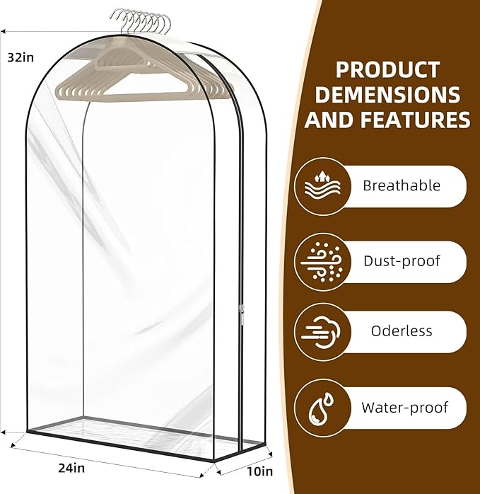 Upgraded Thickened Clear Garment Bags for Hanging Clothes 4 Packs, 10“ Gusseted Clothes Hanging Storage Bags for Closet, Shirts, Coats, Dresses (32 inch)