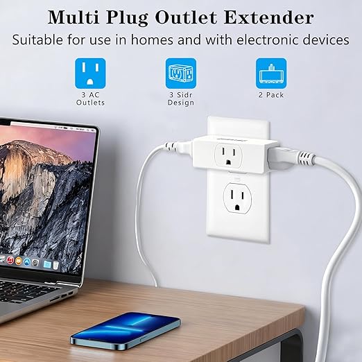 3 Outlet Extender, 3 Way Plug Adapter, 3 Outlet Adapter, 3 Way Wall Outlet Splitter, for Small Multiple Wall Plug Expander Cruise Ship Home Office Dorm, White, 2 Pack