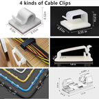 White Cable Management Organizer Kit 4 Cable Sleeve Split,47Cable Clips 12Cord Clips Holder,22 Cable Ties, 20 Adhesive Wall Cable Tie, 200Fasten Cable Ties for TV Electronics