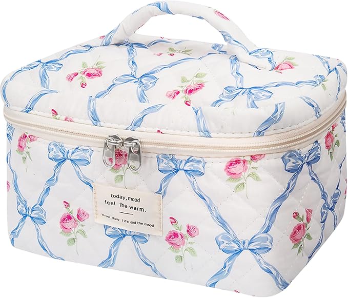 Gosect Large Makeup Bag, Cute Cosmetic Bag for Women Girls, Floral Coquette Aesthetic Toiletry Bag, Travel Make Up Organizer Bag (Blue Butterfly)