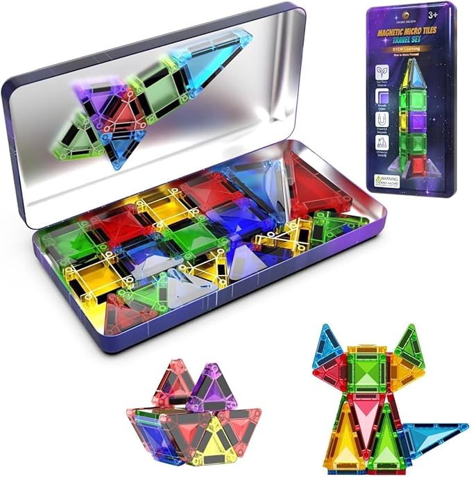 Desire Deluxe Micro Magnetic Tiles Building Blocks Toy - STEM Educational Travel Size Magnetic Blocks for Kids, Learning Sensory Montessori Toddler Magnetic Toys 3+ YO (Not Glitter, 28pc)
