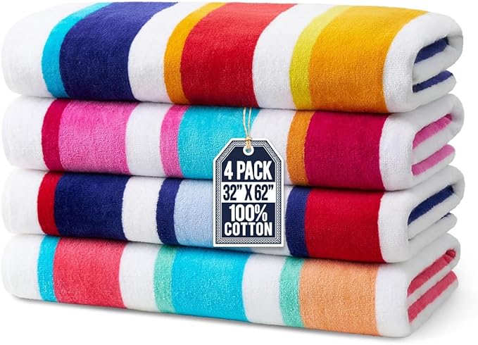 Ben Kaufman Joey Velour Colored Classic Multi-Color Stripe Beach & Pool Towel - Large Cotton Towel - Soft & Absorbant - Assorted Colors - 32” x 62” - 4 Pack