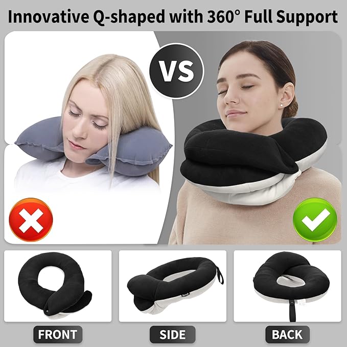 BUYUE Travel Neck Pillows for Airplanes, Memory Foam 360° Head Support Sleep for Long Flight, Skin-Friendly & Breathable, Kit with Eye Mask, Earplugs and Storage Bag (Adult, Black, 90+ lbs)