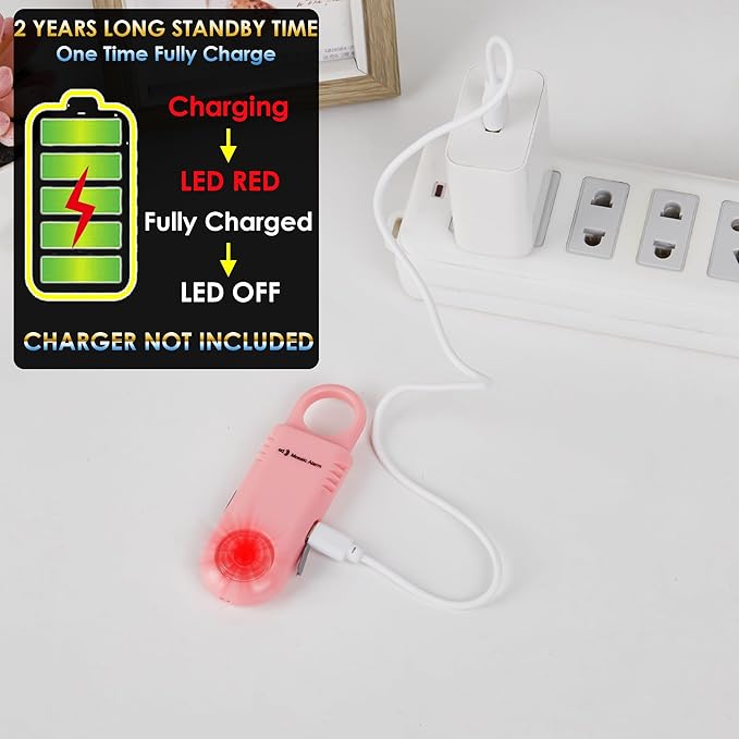 135dB Rechargeable Personal Safety Alarm Built-in Ultra-Bright Flashlight Non Slip Grip Keychain Emergency SOS Siren for Women, Students, Night Runner. Loud Sound Hiking Bear Alerts with Hook. Pink