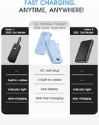 citicr Portable Charger Power Bank, 20000mAh PD20W USB C Fast Charging with Built-in Cables & Wall Plug, External Battery Pack with LED Display, Travel Essentials for iPhone, iPad, Samsung Blue