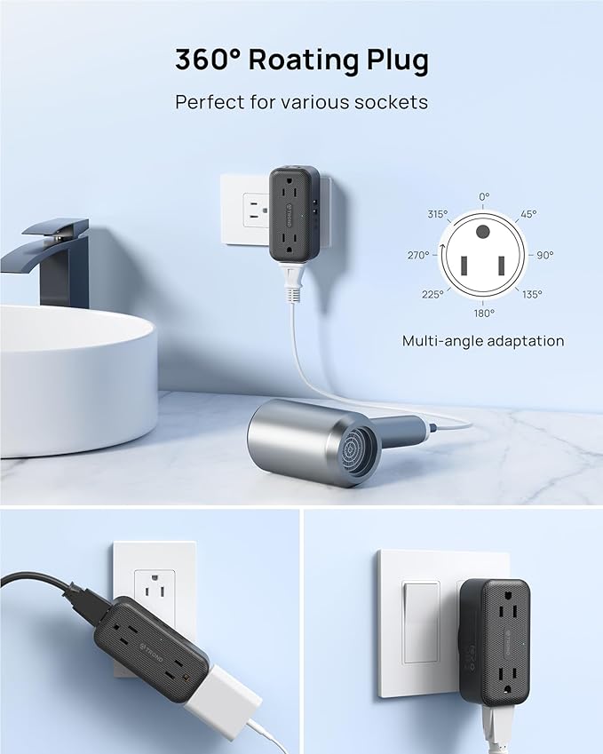 TROND Wall Outlet Extender with 360 Rotating Plug, Multi Plug Wall Outlet with 4 Electrical Sockets and 4 USB Ports, 900 Joules Surge Protection, USB Charging Station for Home Office Travel, Black