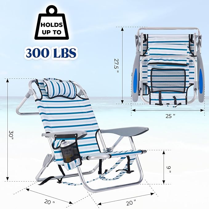 2 Pack Lightweight Portable Camping Beach Chair for Adults, Outdoor Lay Flat Folding Beach Chairs with 5 Positions, Backpack Beach Chair with Towel Bar, Zipper Pouch, Cup Holder, White Striped