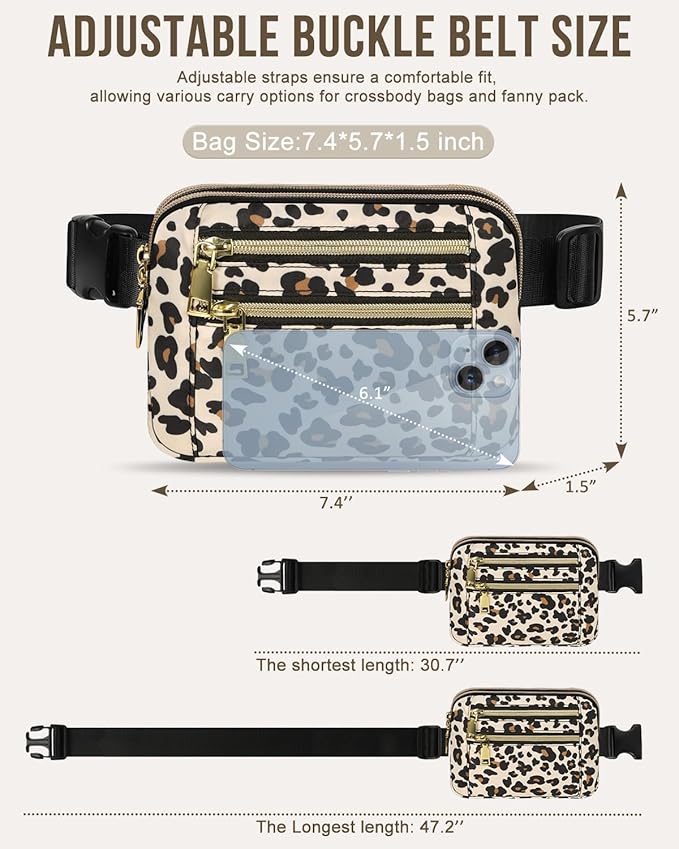 Capolo Fanny Packs for Women Fashion Waist Packs Bag with Adjustable Strap and 4 Zipper Pockets Waterproof Everywhere Crossbody Belt Bag for Workout Running Travelling(Leopard)