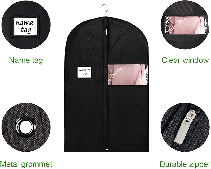 KEEGH 40" Suit Bags Garment Bags for Storage (Set of 6) Garment Bags for Hanging Clothes, Suit Cover Bags Garment Covers for Dress Shirts Coats Clean with Zipper and Transparent Window, Black