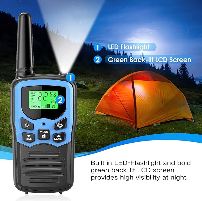 MOICO Walkie Talkies for Adults with 22 FRS Channels, LED Flashlight, VOX Scan LCD Display, Long Range Family Walkie Talkie Radios for Hiking Camping Trip (Dark Blue)