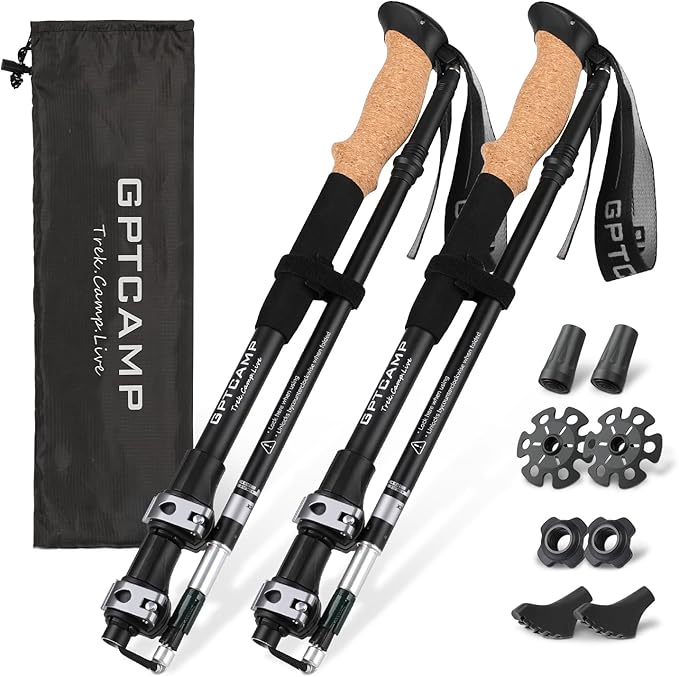 GPTCAMP Walking Sticks,Trekking Poles Collapsible Hiking Poles,Lightweight Folding Travel Walking Pole for Men Women,2pc Adjustable Hiking Stick with EVA Foam Grips for Backpacking