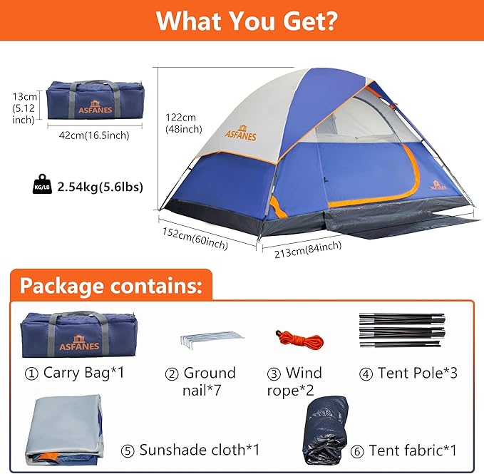 ASFANES Sundome Camping Tent with Rainfly, 2/4/6/10 Person Tent Sets Up in 10 Mins, Weatherproof Shelter for Camping, Festivals, Backyard, Sleepovers, & More