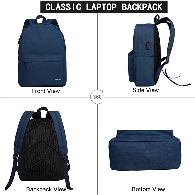 SUPACOOL Casual Laptop Backpack for Men and Women, Backpack for College, USB Charging Port, Lightweight Pack Back(Navy blue)