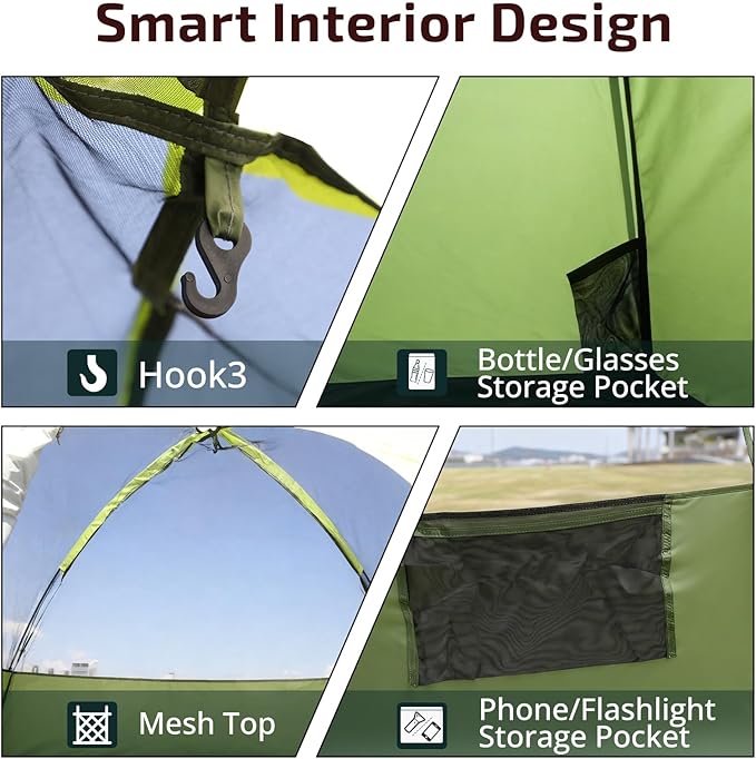 Golabs CT1 2 Person Camping Tent, Easy Set Up in 3 Mins, PU800mm Waterproof w/Mesh Top & Door with Ventilation, Lightweight 4.4lbs Portable Family Tent with Carry Bag &Interior Storage Pockets &Hook