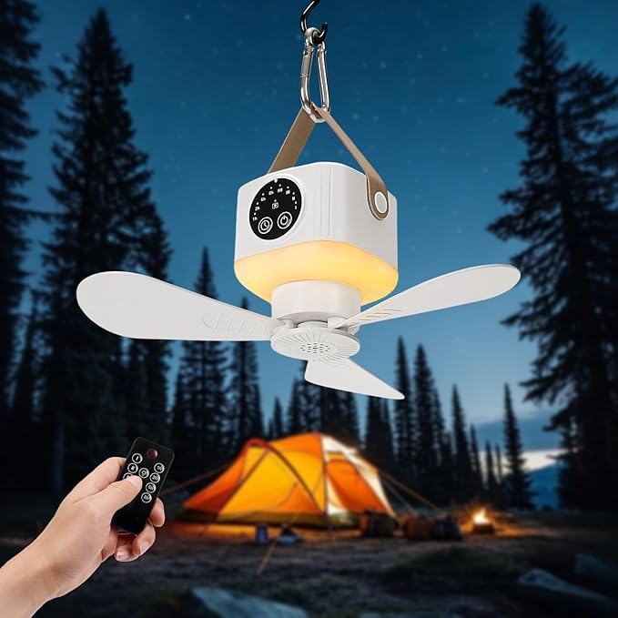 Portable Ceiling Fan with Lights Remote,USB Rechargeable Camping Fan,9.25" Wireless Tent Fan with 4 Speeds,Timer,Battery-Powered Ceiling Fan for RV,Truck,Rooftop Tent,Travel,Camping