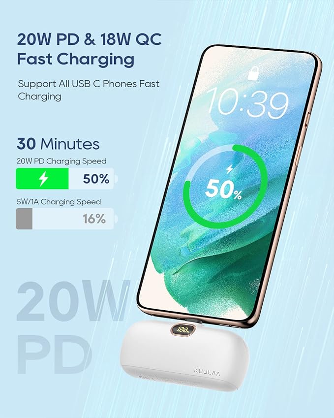 Kuulaa Portable Phone Charger with Built-in USB-C Plug, 5000mAh Mini Portable Charger Power Bank Small Battery Pack for iPhone air/15/16,Samsung S22/S23 & Android (White)