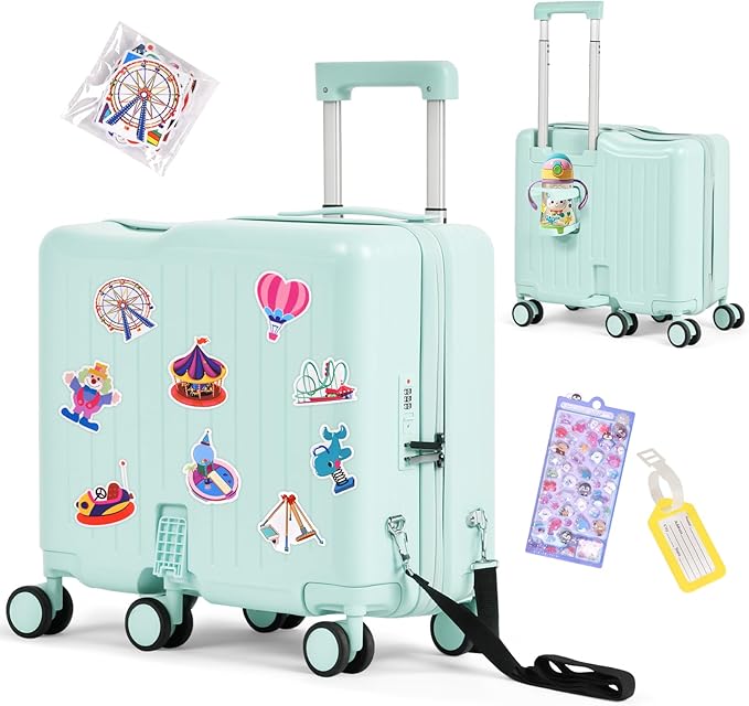 smilesun Kids Ride-On Luggage, 20" Hardshell Carry-On Suitcase with 6 Spinner Wheels, Foldable Pedal, Hidden Cup Holder & Combination Lock for Toddlers & Children (Green, 20-inch)