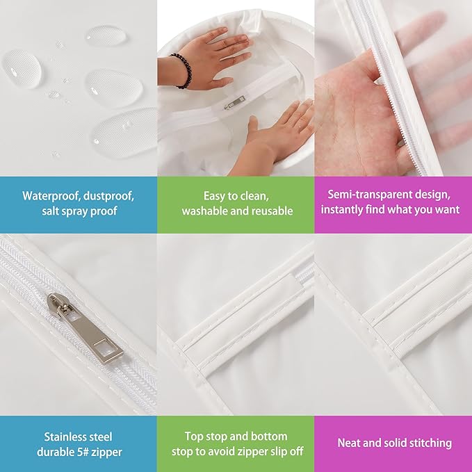 Hanging Garment Bags 7 Piece Set - 60 Inch Translucent Dust Proof Clothes Bag White Breathable Full Zipper Dust Cover for Suit Dance Costumes Gown Dress | 4 Portable Travel Shoe Bags