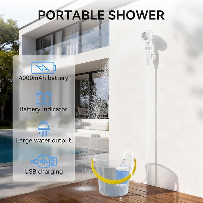Portable Shower, Portable Camping Shower Pump, USB Rechargeable Outdoor Showers, Waterproof Electric Portable Shower with 2 Spray Modes, 4000mah, For Camping, Hiking, Rv & Pet Cleaning (1 PACK)