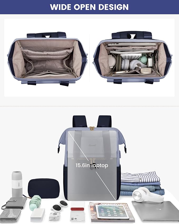 LOVEVOOK Laptop Backpack for Women, 15.6 Inch Work Laptop Bag with USB Port, Fashion Teacher Nurse Backpack Purse, Waterproof Travel Computer Backpack with Organizer Bag, 2PCS, Grey Blue-Ink Blue