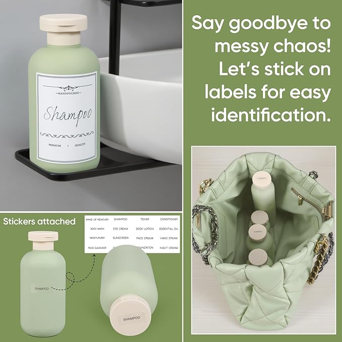 DEMORA 3.4 oz Travel Size Bottles TSA Approved for Toiletries, Leak Proof Plastic Travel Squeeze Bottles Refillable Toiletry Containers with Flip Caps and Labels for Shampoo Lotion (Green, 4 Pcs)