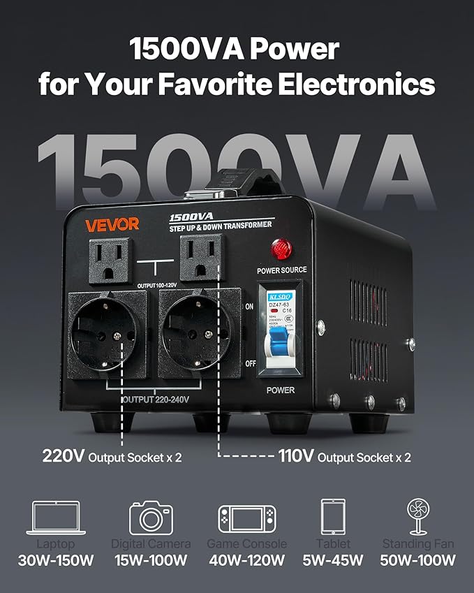 VEVOR Voltage Converter Transformer, 1500VA, Heavy Duty Step Up/Down Power Transformer, Convert from 110V to 220V and 220V to 110V, with EU Outlets, US Outlets, Power Cord, Circuit Breaker Protection