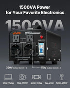 VEVOR Voltage Converter Transformer, 1500VA, Heavy Duty Step Up/Down Power Transformer, Convert from 110V to 220V and 220V to 110V, with EU Outlets, US Outlets, Power Cord, Circuit Breaker Protection