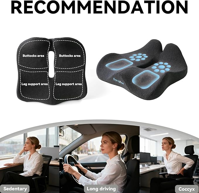 18x16 Inch Memory Foam Seat Cushion for Office Chair, Car & Travel, Ergonomic Chair Cushions for Long Sitting, Thick Supportive Seat Pad with Non-Slip Bottom, Washable Cover, Black