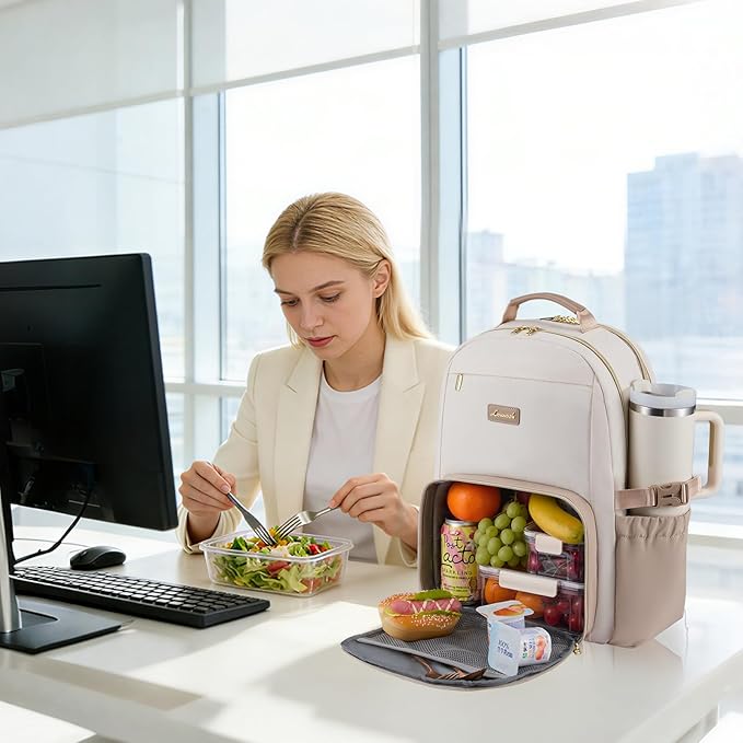 LOVEVOOK Lunch Backpack with Lunch Compartment,15.6 Inch Laptop Work Travel Insulated Cooler Backpack Purse,Waterproof College Teacher Lunch Bag Box with Tumbler Holder,Gifts for Men Women,Beige-Khaki