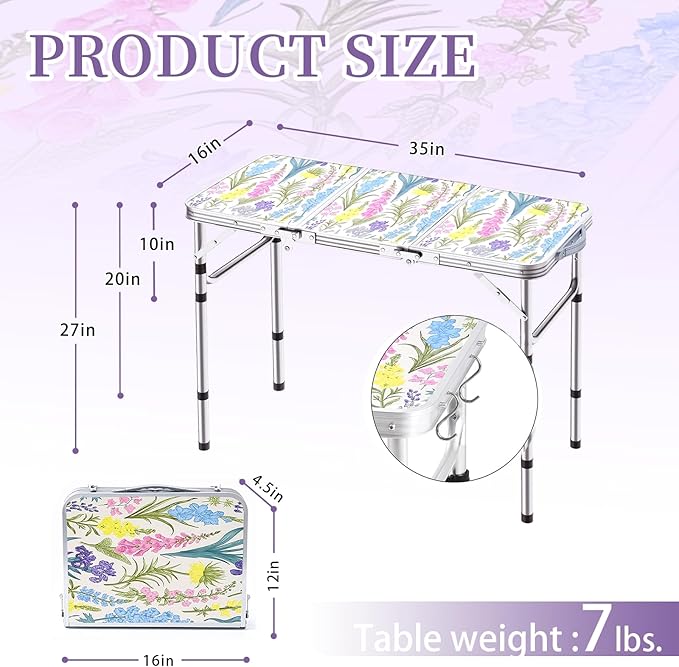 Yriuat Folding Camping Table 3ft Portable Pinic Table Adjustable Height Small Card Table Aluminum Foldable Lightweight with Carry Handle for Outdoor Indoor Hiking Camp BBQ Beach (Blooming Floral)